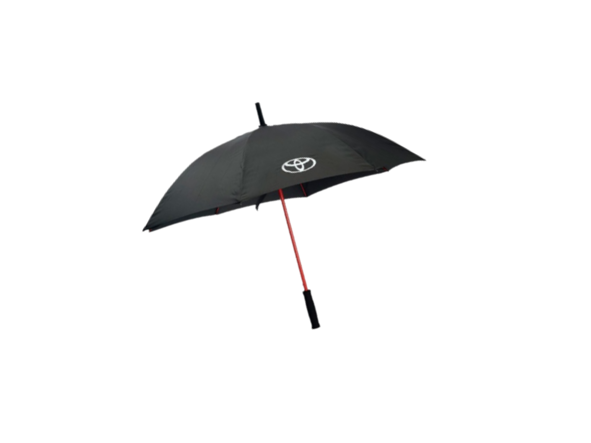 Czarny parasol z czerwonym trzonkiem i czarną rączką, z widocznym logo Toyota na czaszy.