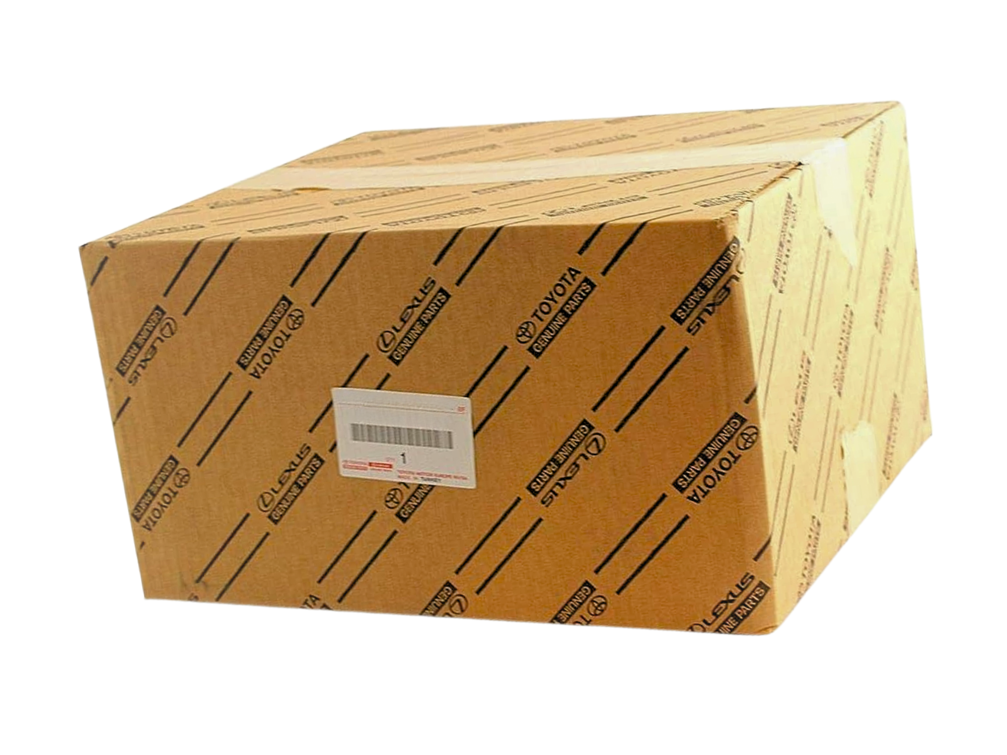 Kartonowe pudełko z nadrukiem \'TOYOTA GENUINE PARTS\' i \'LEXUS\'. Na pudełku znajduje się etykieta z kodem kreskowym i numerem \'1\'.