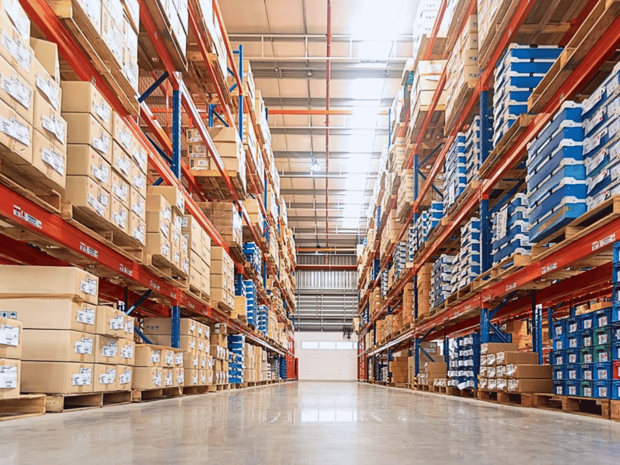 Wnętrze magazynu z wysokimi regałami wypełnionymi kartonami i pudełkami. Podłoga jest czysta i odbija światło z lamp sufitowych.