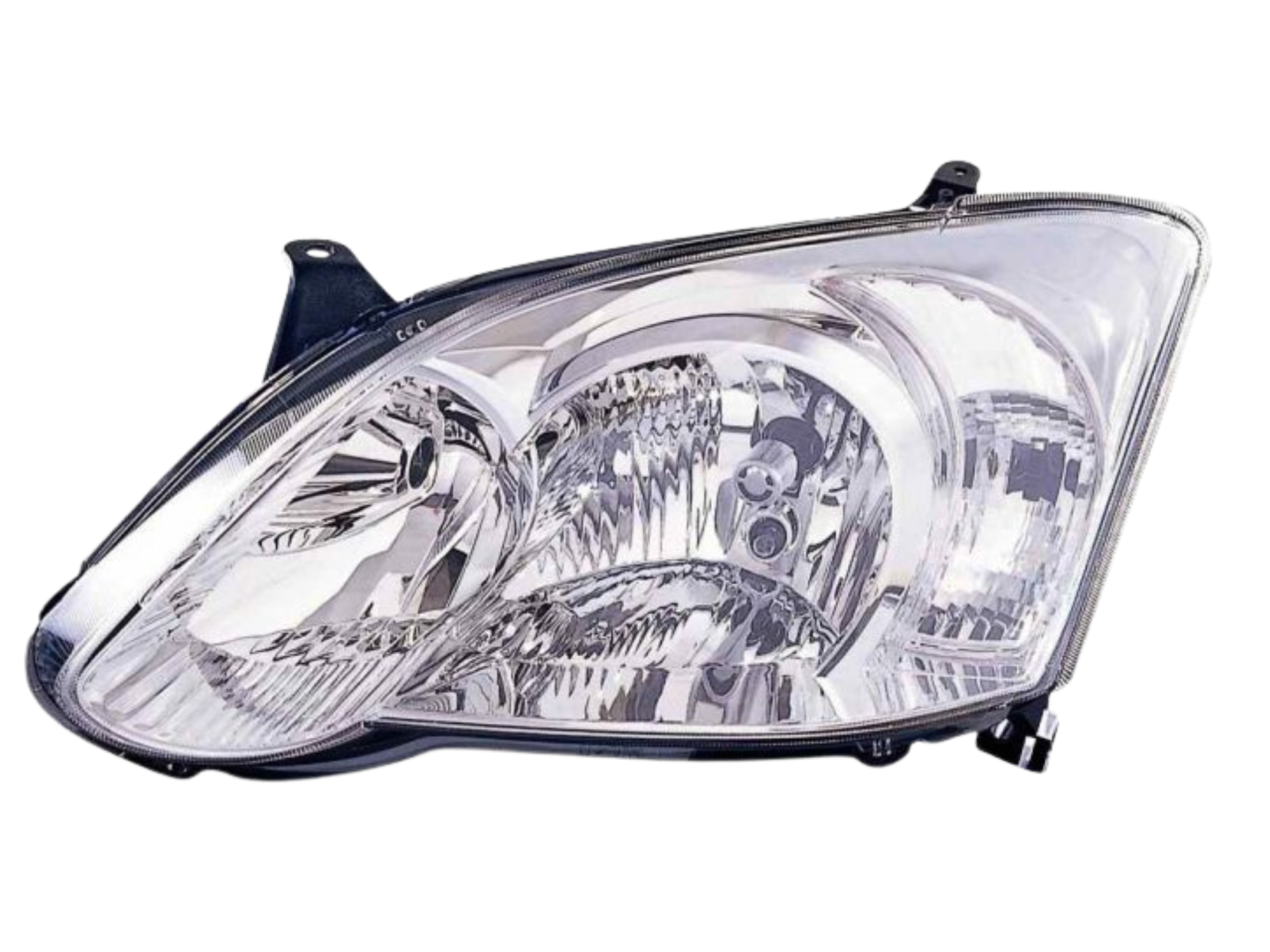 Zdjęcie przedstawia przednią lampę samochodową o przezroczystym kloszu z widocznymi reflektorami i żarówkami wewnątrz. Lampa ma metaliczne wykończenie i jest przeznaczona do montażu w pojeździe.