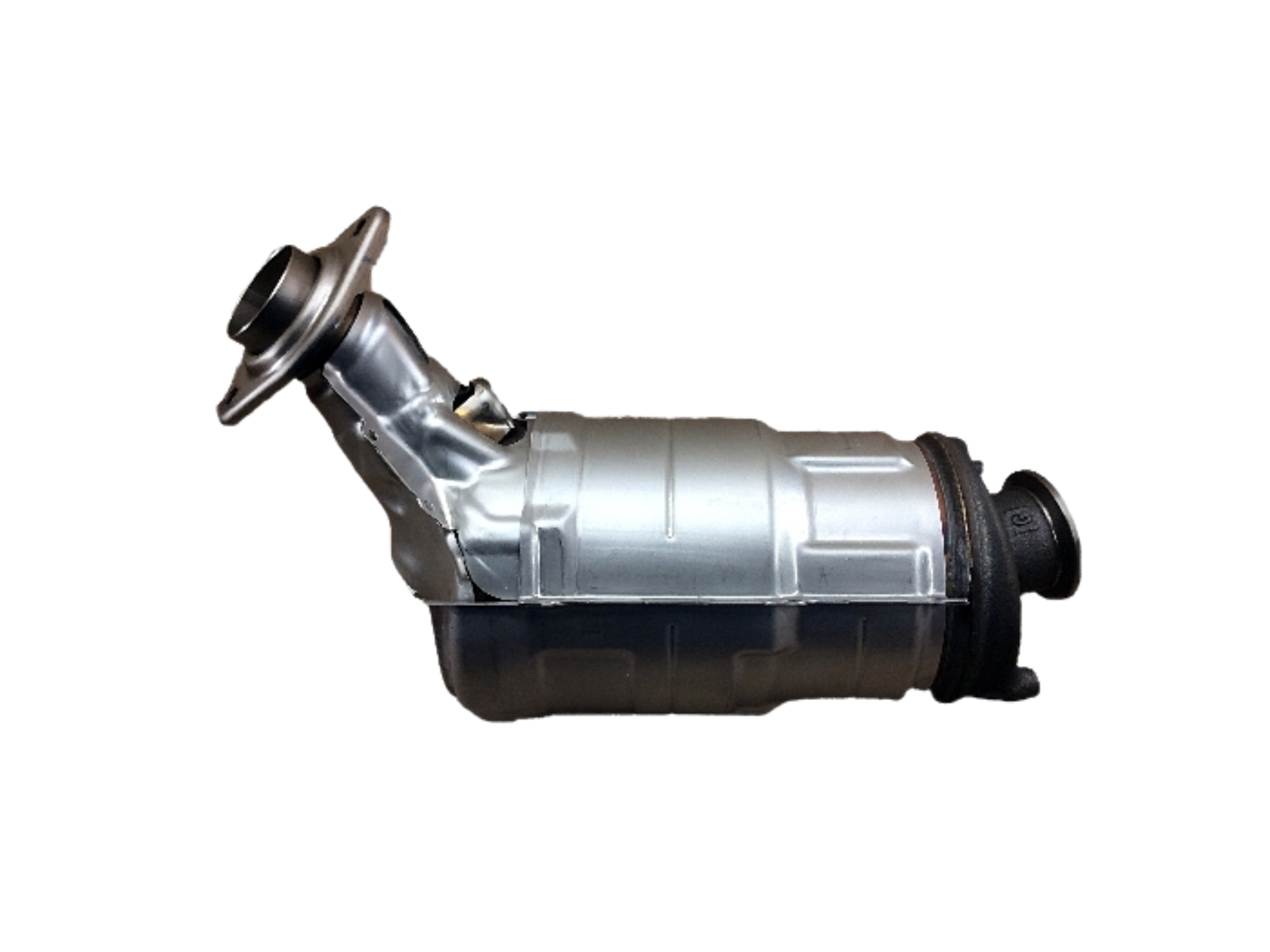 Na obrazie widoczny jest metalowy filtr cząstek stałych o cylindrycznym kształcie z przyłączem na jednym końcu. Produkt ma srebrzystą powierzchnię z ciemniejszymi elementami na końcach.