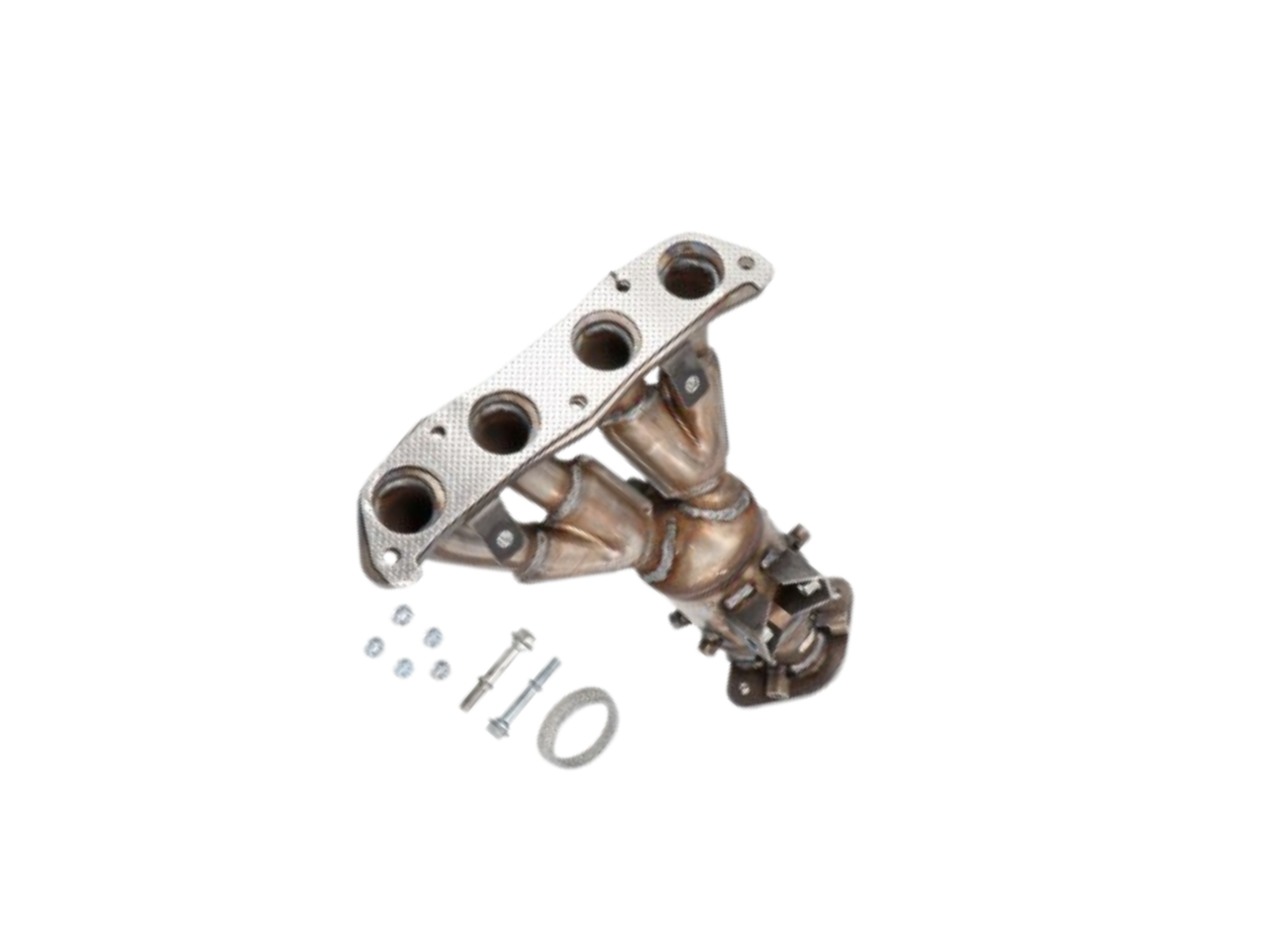 Na obrazie widoczny jest metalowy katalizator wydechowy z czterema otworami montażowymi oraz zestawem śrub i uszczelek. Produkt jest przeznaczony do samochodów marki Toyota.