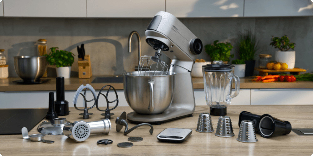 Na blacie kuchennym znajduje się robot kuchenny planetarny z misą, blender kielichowy oraz różne akcesoria do mieszania i tarcia. W tle widoczna jest nowoczesna kuchnia z roślinami i owocami na blacie.