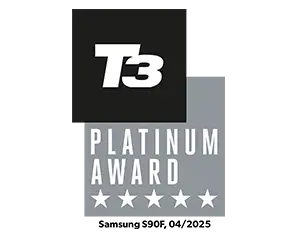 300x240 t3 s90f Logo z napisem \'T3 PLATINUM AWARD\' oraz pięcioma gwiazdkami poniżej. Na dole widoczny jest tekst \'Samsung OLED S90C Series\'.