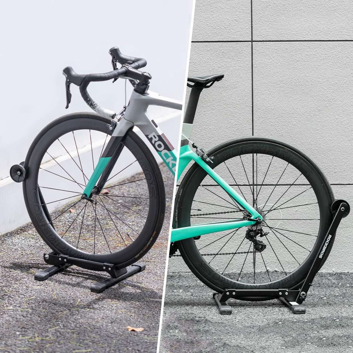 Obraz przedstawia rower zamocowany na stojaku podłogowym, który podtrzymuje koło. Na ramie roweru widoczny jest napis \'ROCKBROS\'.