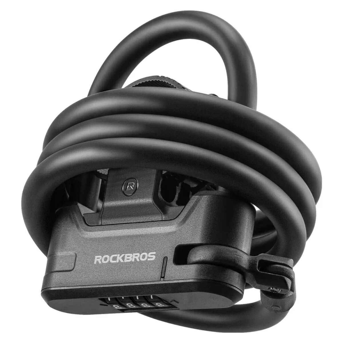 Czarne zapięcie rowerowe typu u-lock z szyfrem, z widocznym logo \'ROCKBROS\'.