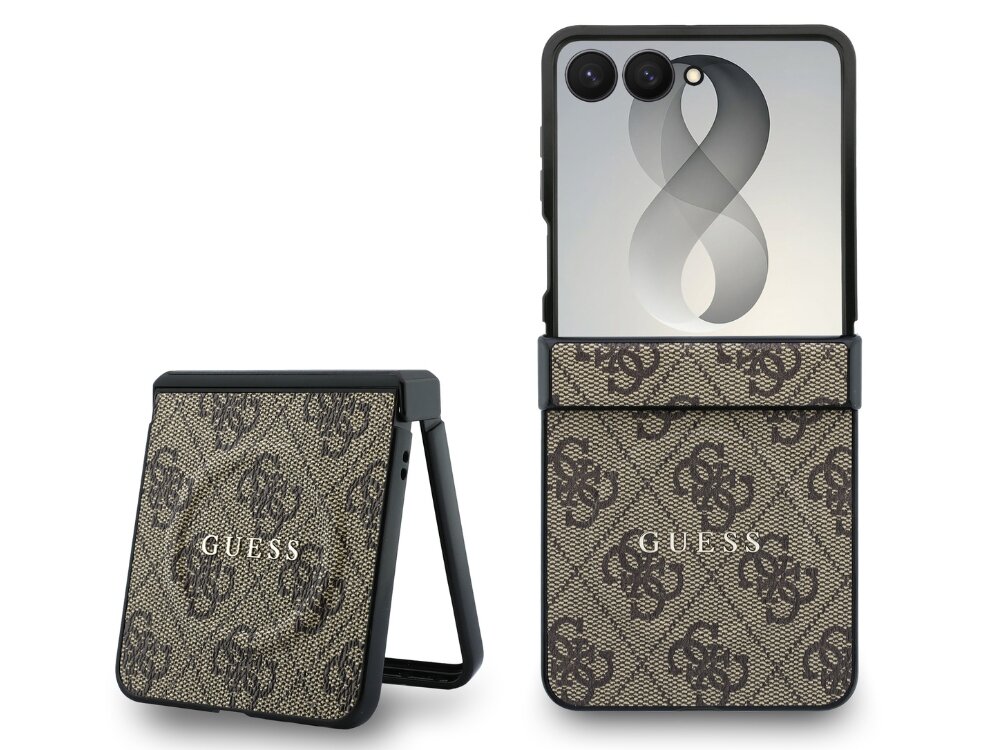 Etui do telefonu z wzorem w logo GUESS, w kolorze brązowym, przeznaczone do składanych modeli. Na etui widoczny jest napis \'GUESS\'.