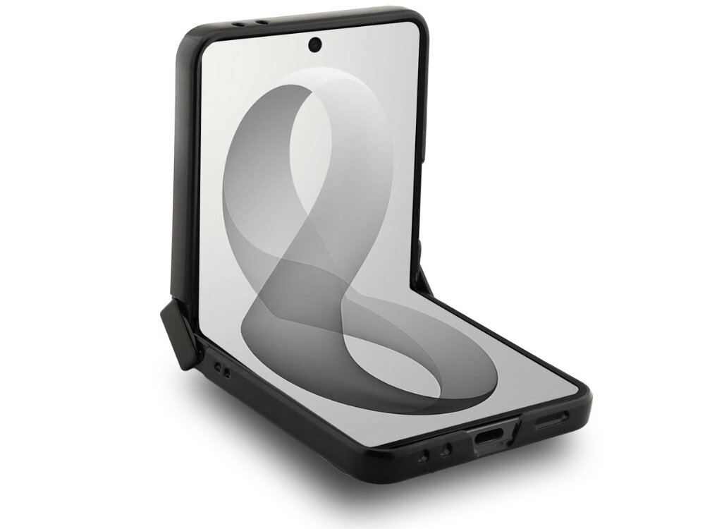 Na obrazie widoczny jest składany telefon w czarnym etui, z wyświetlaczem pokazującym abstrakcyjny wzór w odcieniach szarości. Telefon jest otwarty, a etui ma wycięcia na porty i przyciski.
