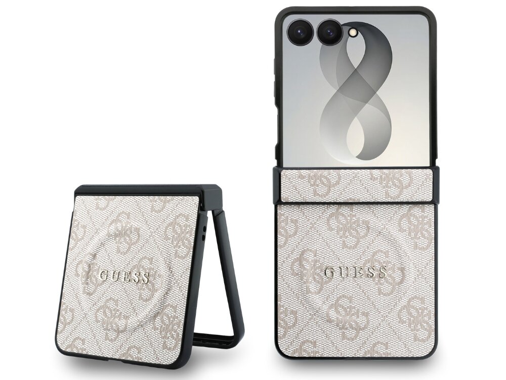 Etui na telefon z wzorem w logo GUESS, w kolorze różowym, przeznaczone do modelu Samsung Galaxy Z Flip. Na etui widoczny jest napis \'GUESS\'.