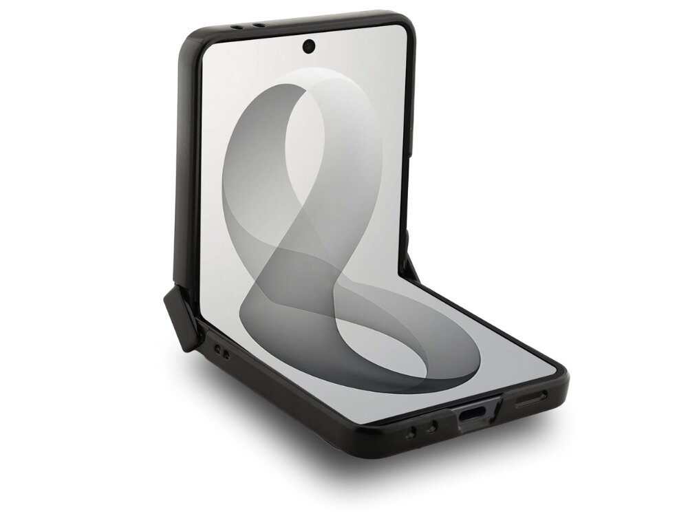 Obraz przedstawia otwarty, składany telefon w czarnym etui. Na ekranie widoczny jest szary, trójwymiarowy kształt przypominający wstęgę.