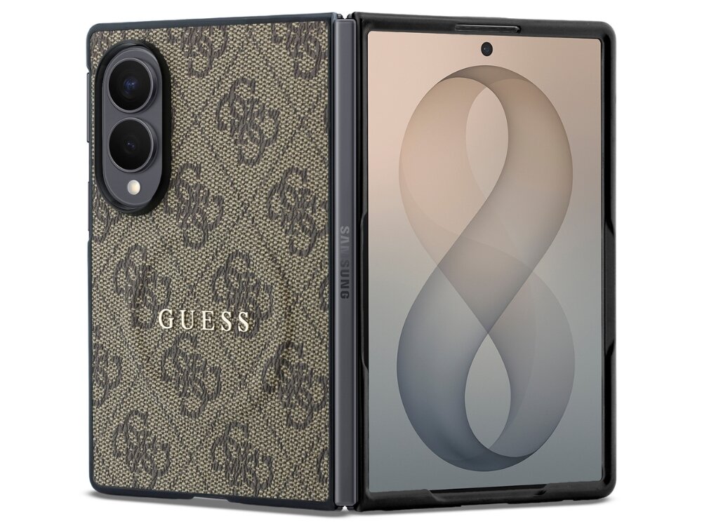 Etui na telefon z wzorem 4G i napisem \'GUESS\', przeznaczone do modelu Samsung Galaxy Z Fold 8. Etui jest w kolorze brązowym z widocznym logo Samsung na krawędzi.