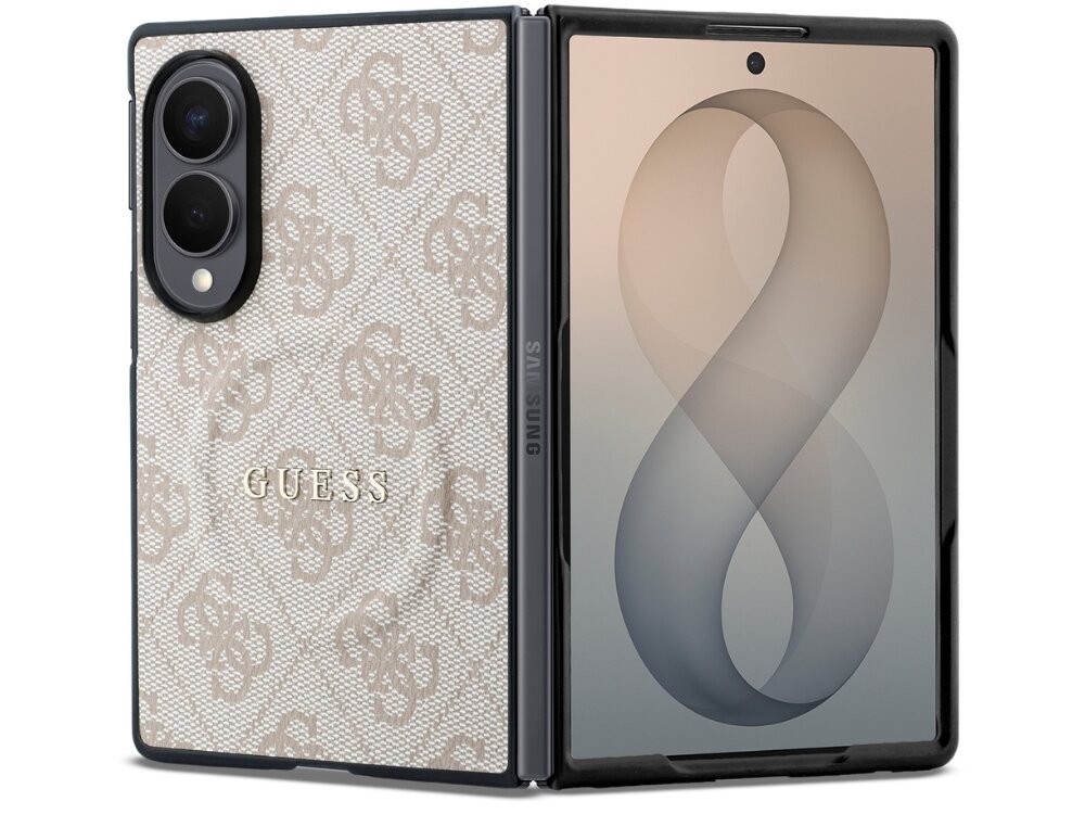 Etui na telefon z wzorem 4G i napisem \'GUESS\', przeznaczone do modelu Samsung Galaxy Z Fold. Etui jest w kolorze różowym z miejscem na aparat fotograficzny.