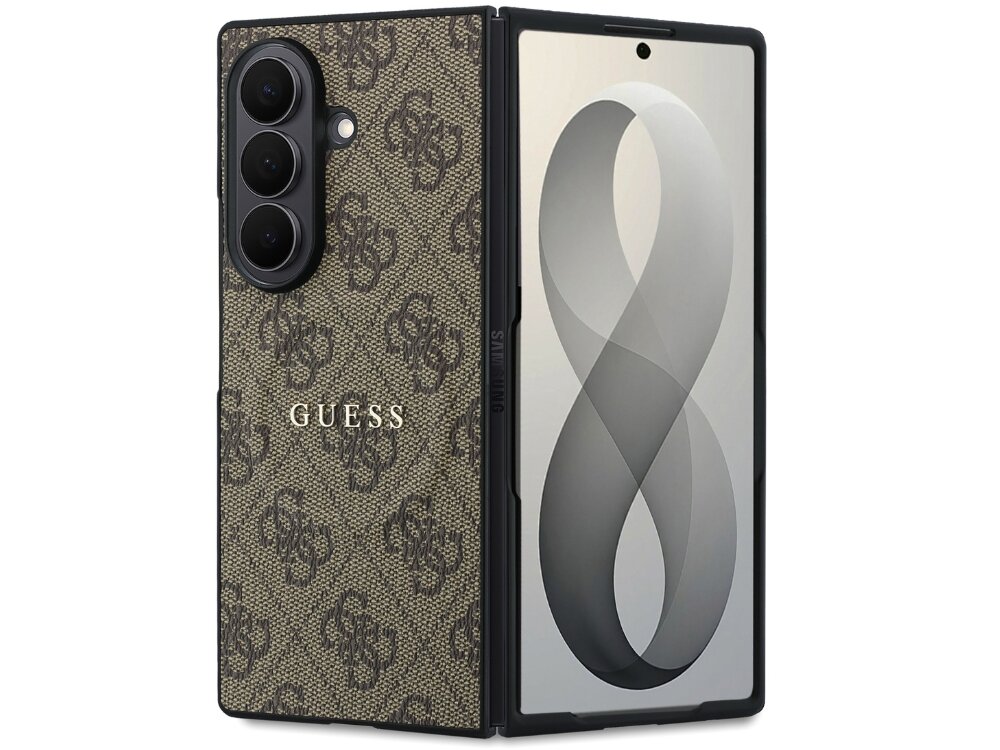 Etui na telefon z brązowym wzorem i logo \'GUESS\', przeznaczone do modelu Samsung Galaxy Z Fold. Widoczny jest również ekran telefonu z dużą cyfrą 8 na wyświetlaczu.