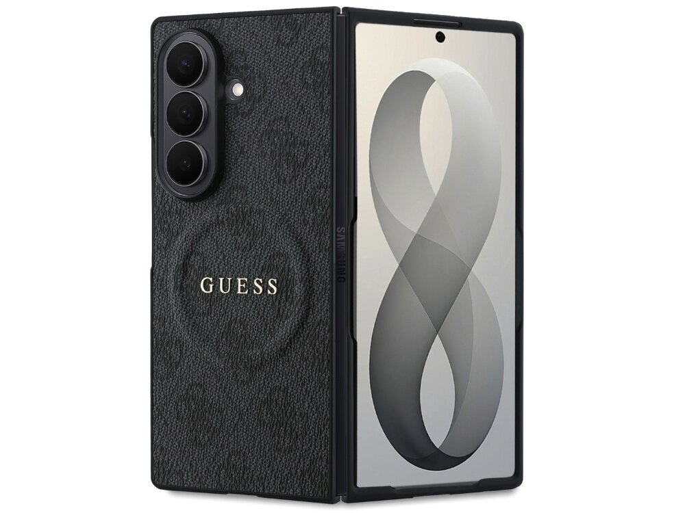 Czarne etui na telefon z widocznym logo \'GUESS\' oraz trzema otworami na aparaty fotograficzne. Obok etui znajduje się telefon z wyświetlaczem pokazującym szary wzór w kształcie cyfry osiem.
