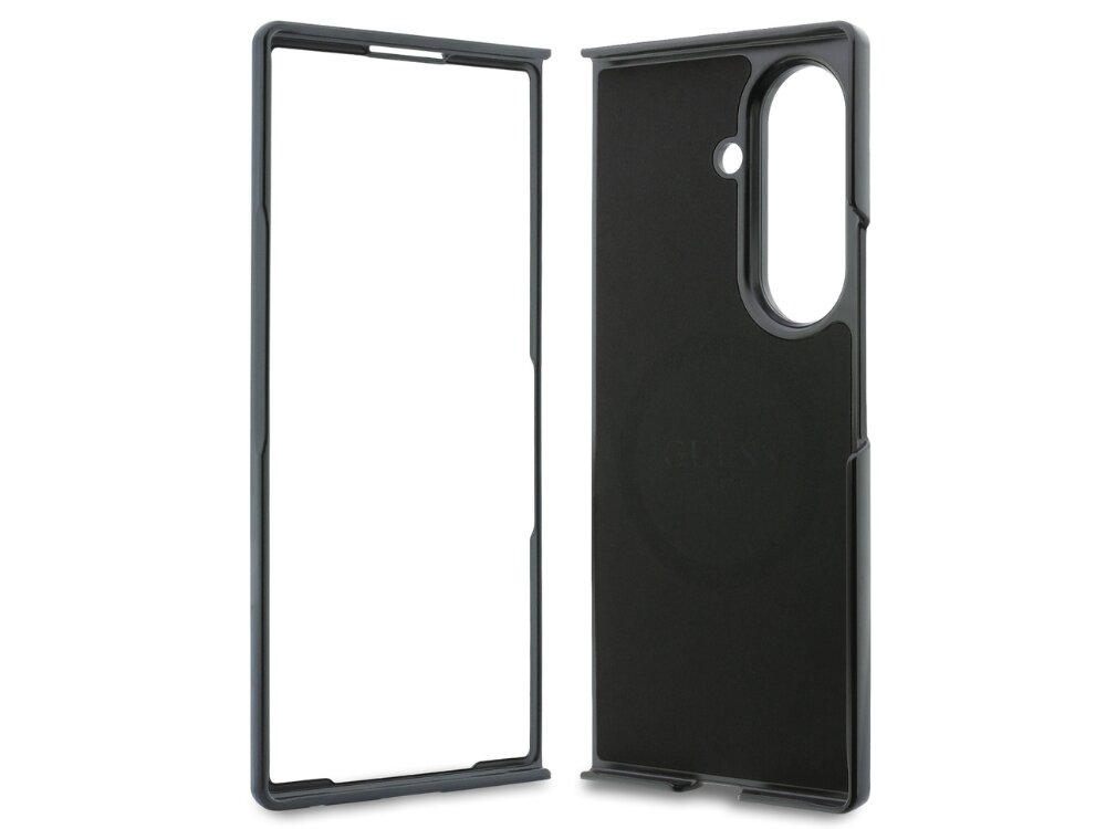 Czarne etui na telefon z wycięciem na aparat i logo GUESS na tylnej części. Składa się z dwóch części, które obejmują przód i tył urządzenia.
