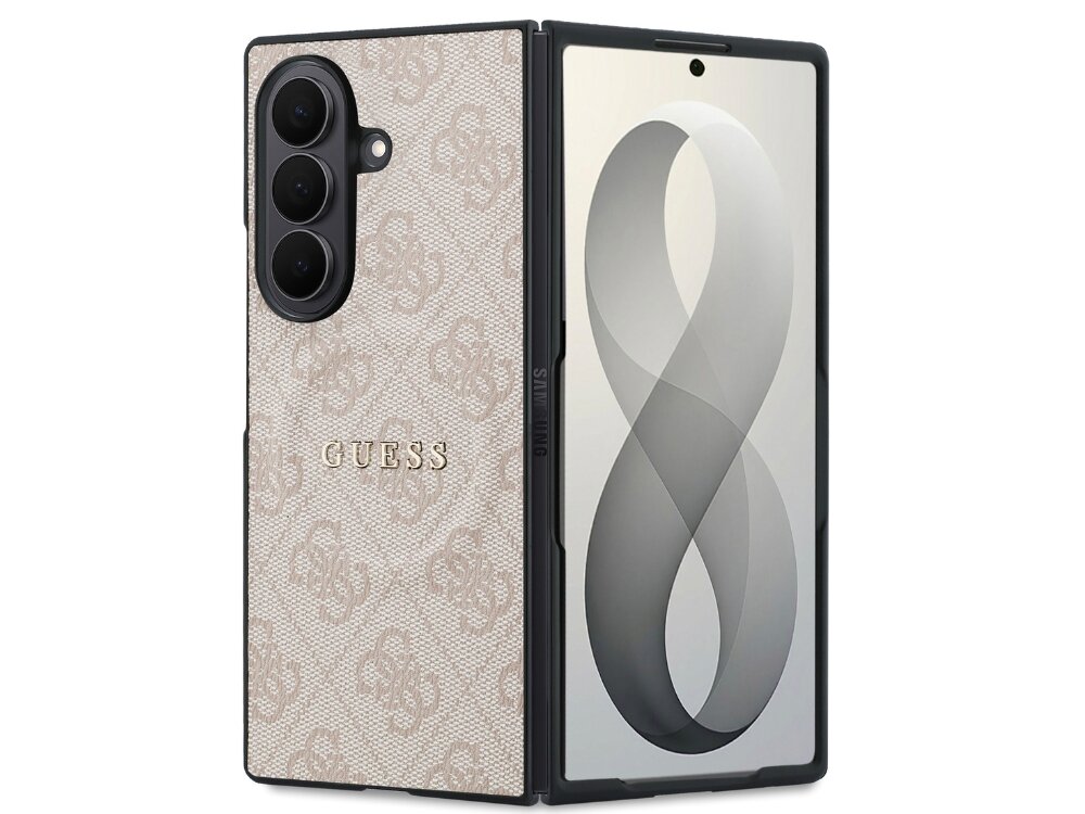 Etui na telefon z widocznym logo \'GUESS\' i wzorem 4G, w kolorze różowym. Obok znajduje się telefon z wyświetlaczem pokazującym szary symbol ósemki.