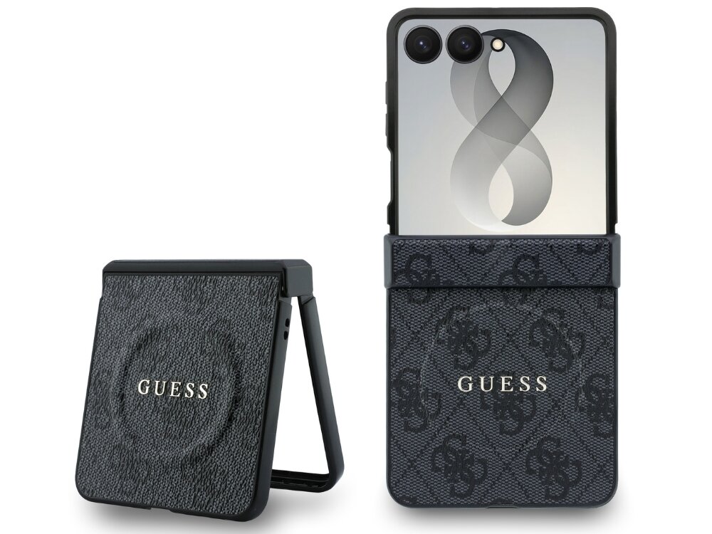Etui na telefon z logo \'GUESS\' w kolorze czarnym, z widocznym wzorem 4G. Etui jest przeznaczone do składanych telefonów, co widać na przykładzie złożonego i rozłożonego urządzenia.