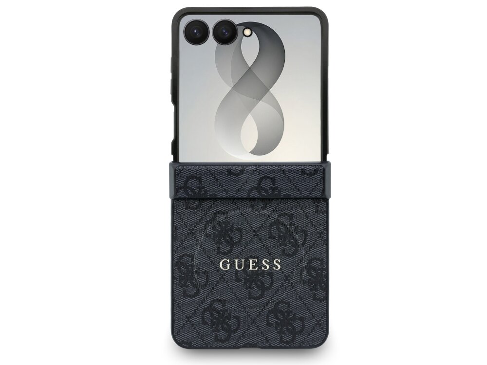 Etui na telefon z widocznym logo \'GUESS\' oraz wzorem 4G na ciemnym tle. Telefon w etui ma dwa obiektywy aparatu i wyświetlacz z grafiką przypominającą cyfrę osiem.
