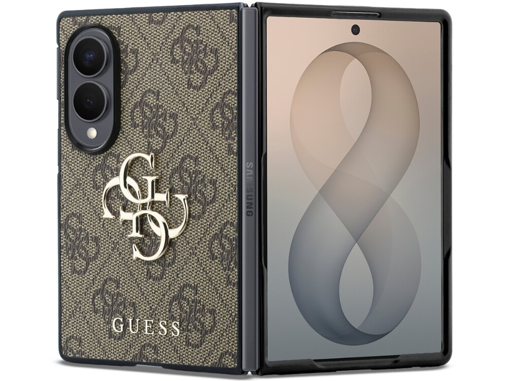 Etui na telefon z wzorem w logo GUESS i dużym, złotym emblematem na tle brązowym. Obok widoczny jest ekran telefonu z dużą cyfrą 8 na wyświetlaczu.