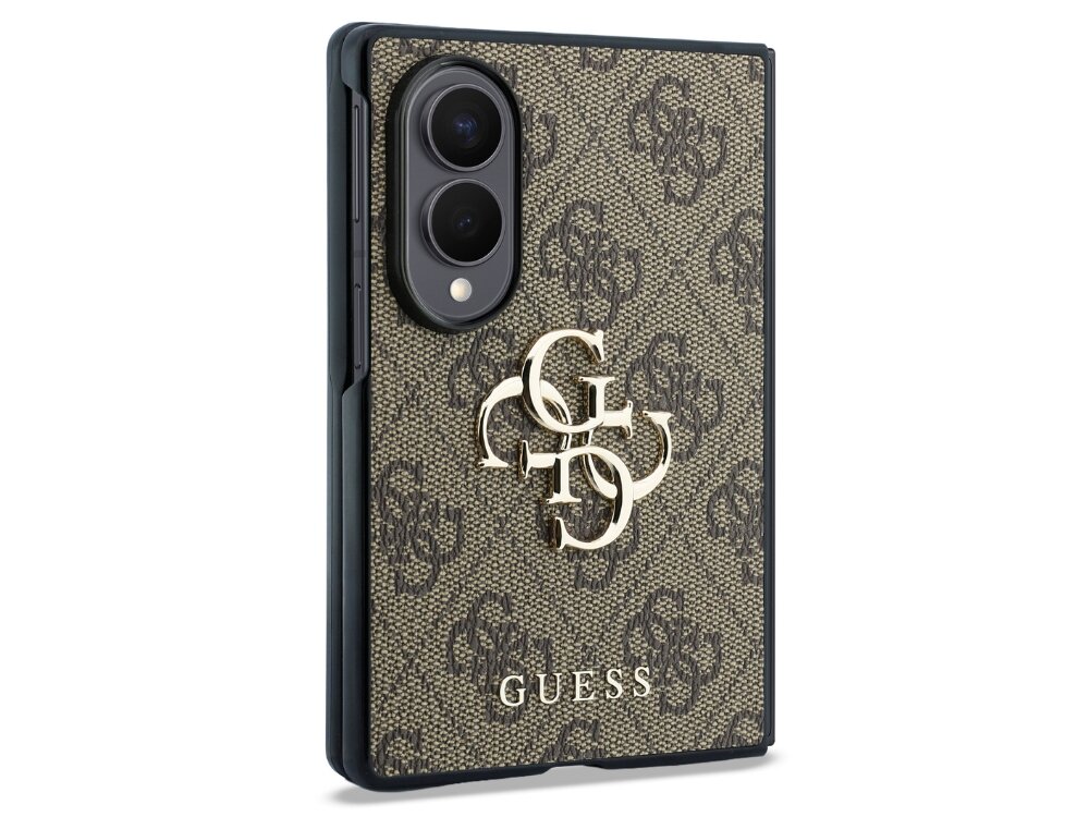 Etui na telefon z brązowym wzorem i dużym logo \'4G\' oraz napisem \'GUESS\'. Widoczne są dwa otwory na aparaty fotograficzne.