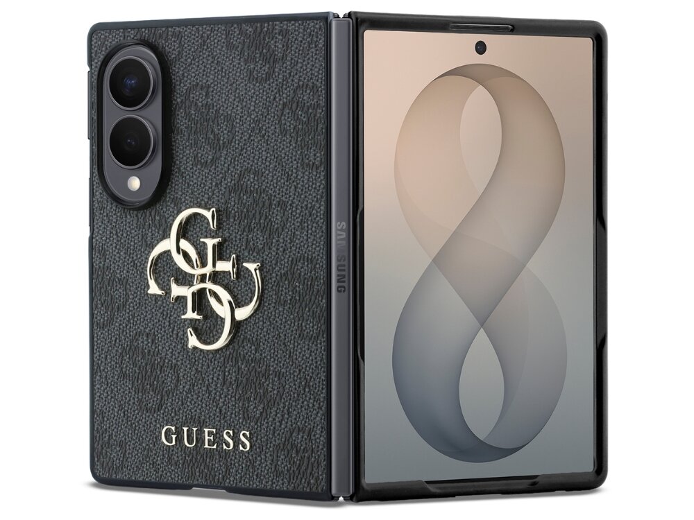 Etui na telefon w kolorze czarnym z dużym logo GUESS 4G na tylnej części. Widoczny jest również ekran telefonu z wyświetlonym dużym numerem 8.