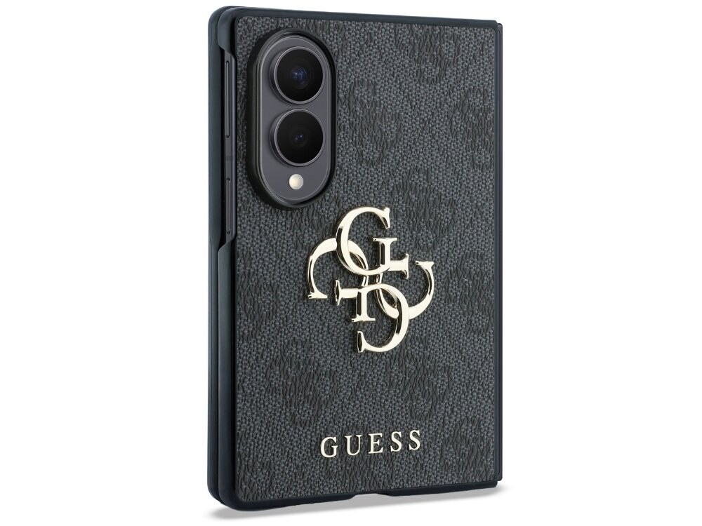 Czarne etui z dużym logo GUESS i wzorem 4G, przeznaczone do telefonu Samsung Galaxy Z Fold 8. Na etui widoczne jest złote logo GUESS oraz ozdobny wzór z literami G i S.