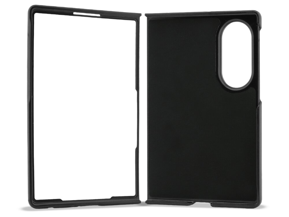 Czarne etui na telefon z wycięciem na aparat, składające się z dwóch części. Etui jest proste i nie posiada widocznych zdobień ani logo.