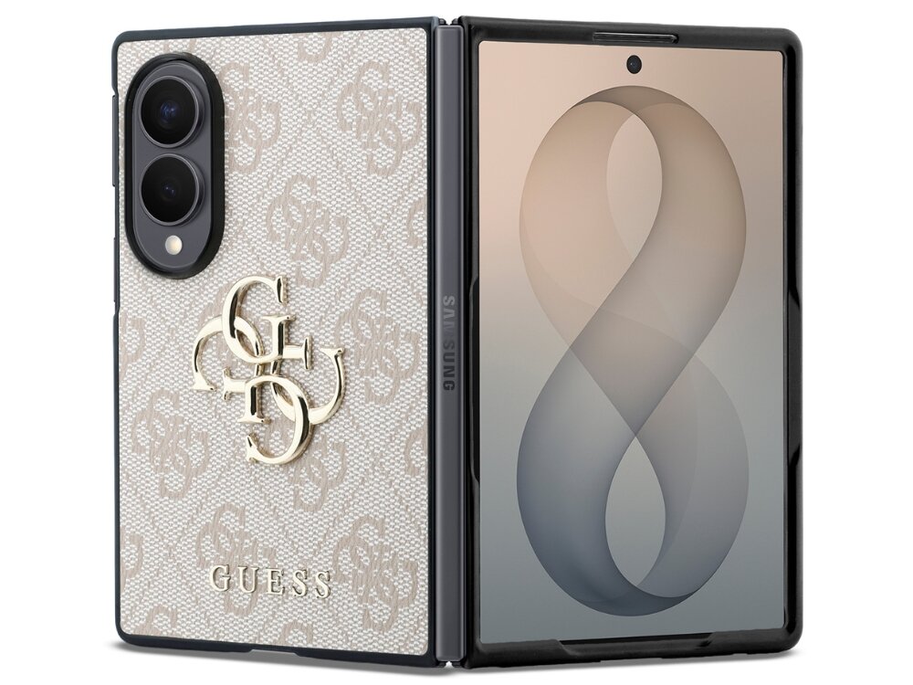 Etui na telefon z wzorem 4G i dużym logo GUESS, przeznaczone do Samsung Galaxy Z Fold 8, w kolorze różowym. Na ekranie telefonu widoczna jest liczba 8.