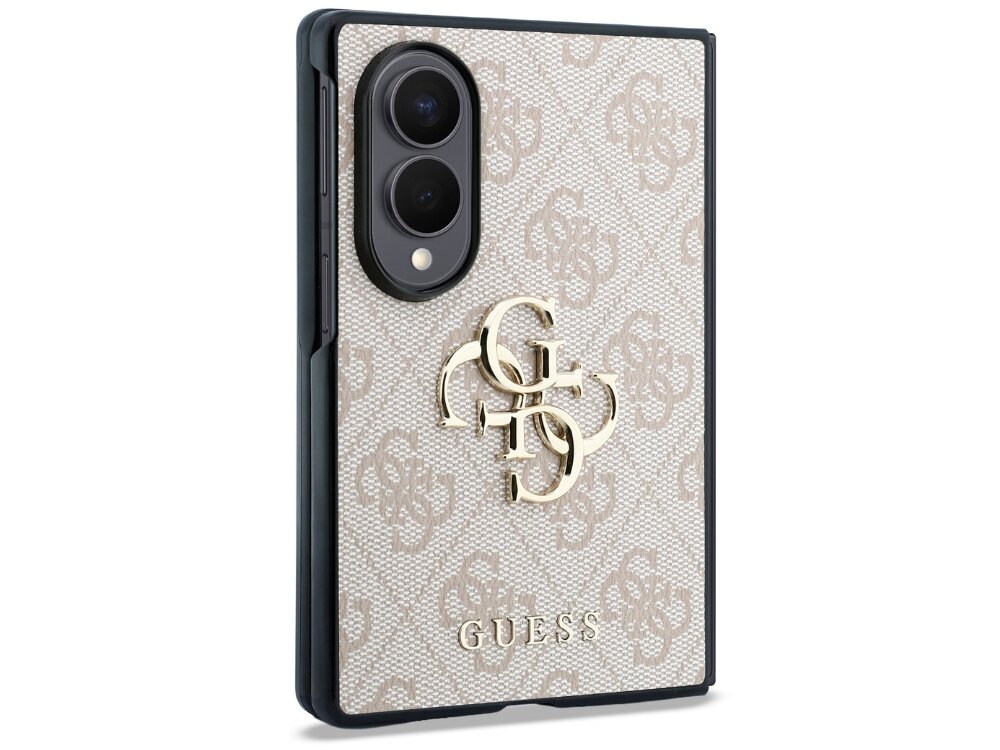 Etui na telefon z wzorem w logo Guess, w kolorze różowym z dużym złotym logo 4G. Na dole widoczny napis \'GUESS\'.