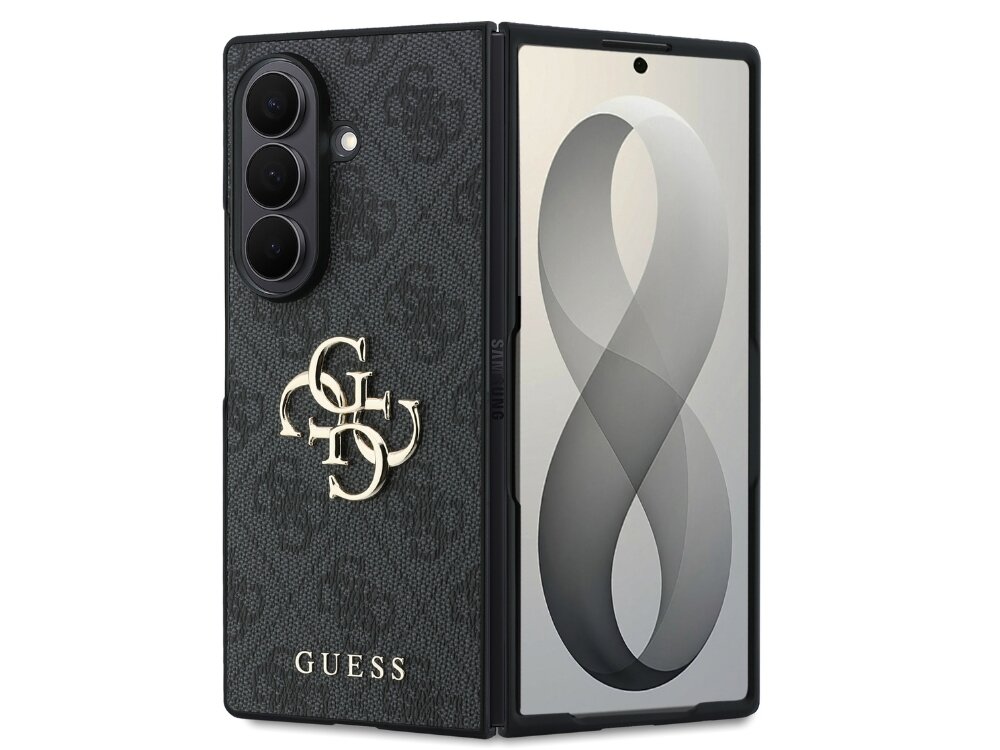 Etui na telefon z czarnym wzorem i dużym logo \'GUESS\' oraz ozdobnym emblematem. Widoczny jest również ekran telefonu z abstrakcyjnym wzorem w kształcie cyfry osiem.