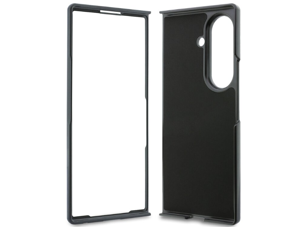 Czarne etui składające się z dwóch części, przeznaczone do telefonu z dużym otworem na aparat. Powierzchnia jest gładka, bez widocznych wzorów lub logo.