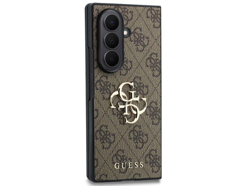 Etui na telefon z brązowym wzorem i dużym logo \'4G\' oraz napisem \'GUESS\' na dole. Etui jest przeznaczone do modelu Samsung Galaxy Z Fold 8 Ultra.
