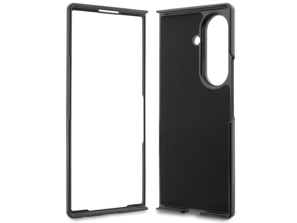 Obraz przedstawia dwa czarne elementy etui na telefon, jeden z nich ma wycięcie na aparat. Oba elementy są proste i mają gładką powierzchnię.