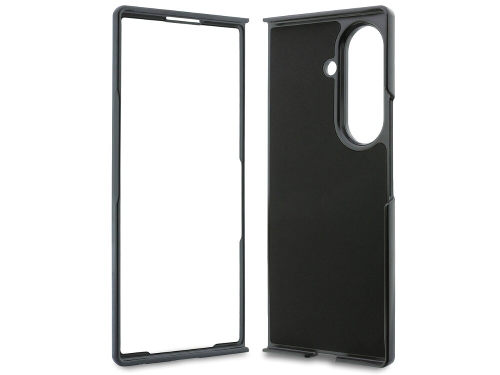Obraz przedstawia dwuczęściowe etui na telefon w kolorze czarnym, z wycięciem na aparat fotograficzny. Etui ma prostokątny kształt i jest przeznaczone do składanych telefonów.