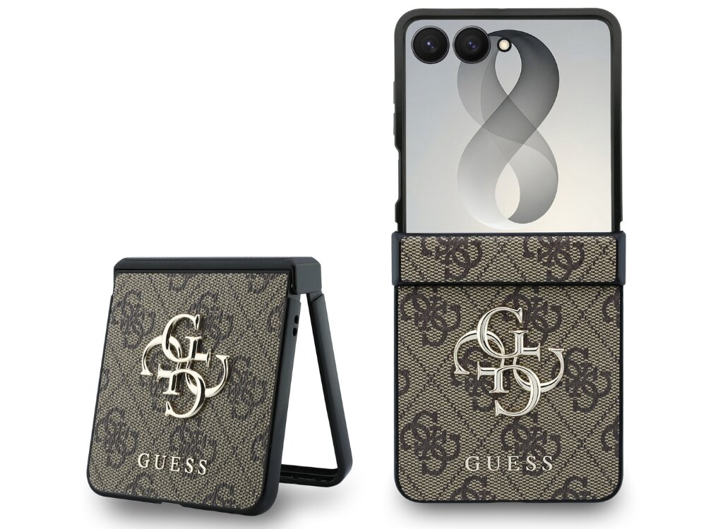 Obraz przedstawia brązowe etui z dużym logo GUESS, przeznaczone do telefonu Samsung Galaxy Z Flip. Etui ma wzór z literami i napis \'GUESS\' na dole.