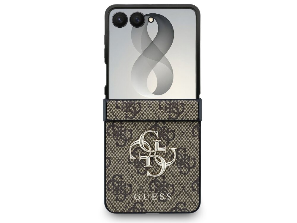 Etui na telefon z brązowym wzorem i dużym logo GUESS, przeznaczone do modelu Samsung Galaxy Z Flip 8. Na etui widoczne są ozdobne litery i napis GUESS.