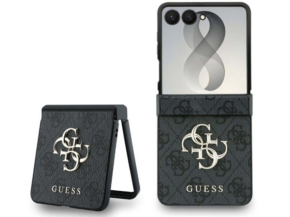 Czarne etui z dużym logo \'GUESS\' i wzorem 4G, przeznaczone do telefonu Samsung Galaxy Z Flip 8. Etui ma elegancki design z wyraźnym, złotym logo na tle teksturowanej powierzchni.