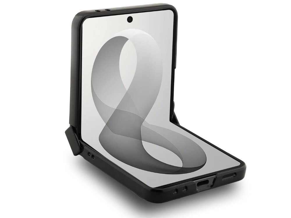 Na obrazie widoczny jest czarny telefon złożony w połowie, z wyświetlaczem pokazującym abstrakcyjny wzór w odcieniach szarości. Telefon znajduje się w czarnym etui, które ma otwory na porty i przyciski.
