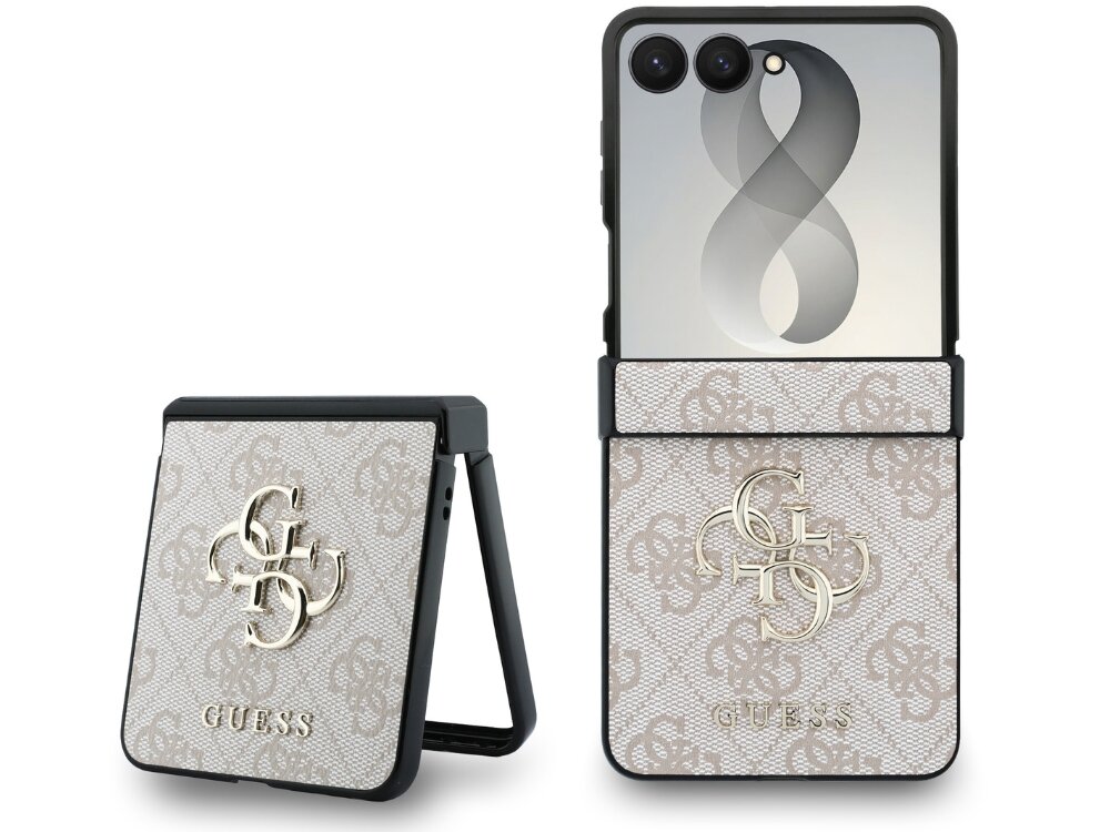 Etui na telefon z dużym logo GUESS, w kolorze różowym, przeznaczone do modelu Samsung Galaxy Z Flip 8. Na etui widoczne są wzory oraz napis \'GUESS\'.