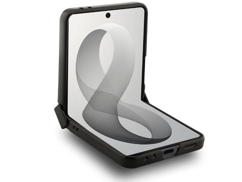 Obraz przedstawia składany telefon w czarnym etui, z wyświetlaczem pokazującym szary, trójwymiarowy symbol przypominający nieskończoność. Telefon jest otwarty pod kątem prostym.