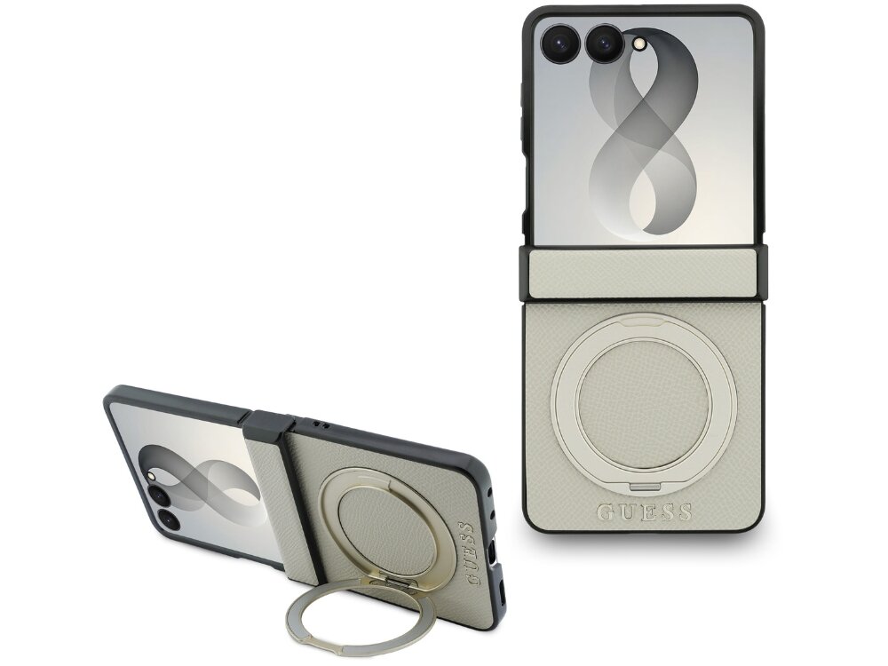 Etui w kolorze beżowym z logo GUESS, wyposażone w magnetyczny pierścień do podtrzymywania telefonu. Przeznaczone do modelu Samsung Galaxy Z Flip 8.