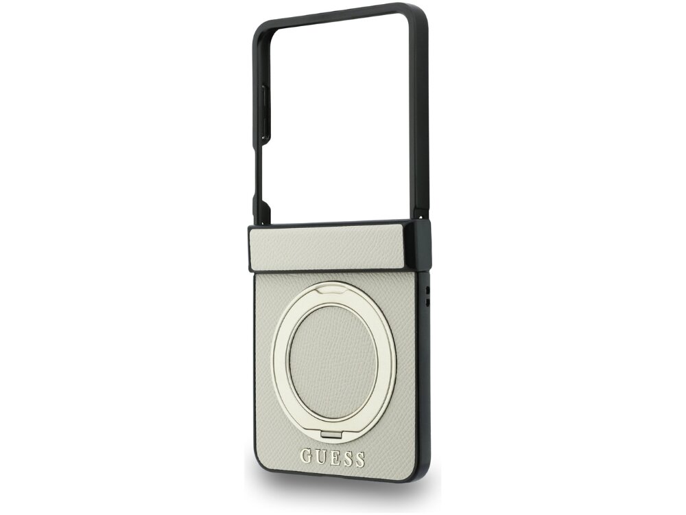 Etui w kolorze beżowym z logo GUESS, posiada okrągły uchwyt magnetyczny na tylnej części. Konstrukcja jest dostosowana do składanych telefonów.
