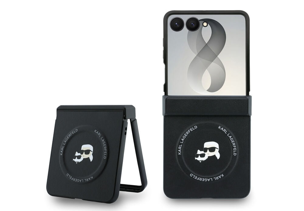 Na obrazie widoczne jest czarne etui z logo KARL LAGERFELD, przeznaczone do telefonu Samsung Galaxy Z Flip. Etui ma okrągły element z wizerunkiem postaci w okularach i kapeluszu.