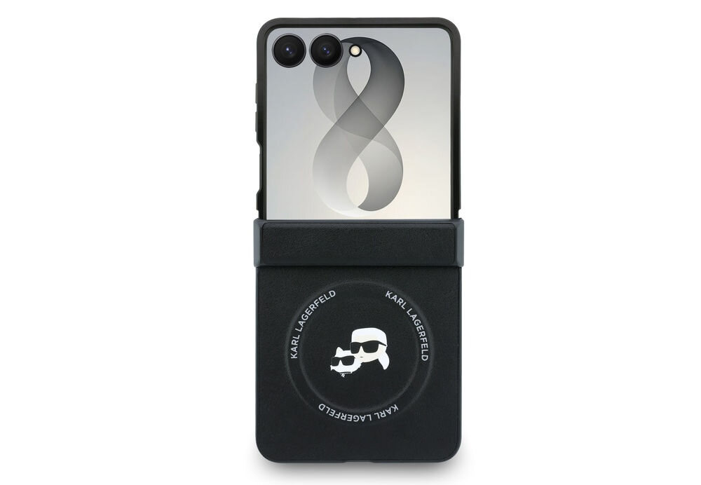 Czarne etui na telefon z okrągłym logo przedstawiającym postać w okularach i kota, otoczone napisem \'KARL LAGERFELD\'. Na górnej części telefonu widoczne są dwa obiektywy aparatu i grafika w kształcie cyfry osiem.