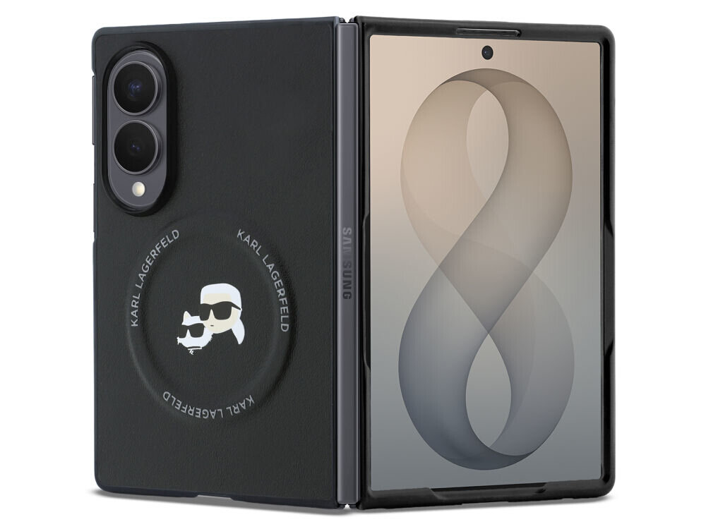 Czarne etui na telefon z logo \'KARL LAGERFELD\' i grafiką przedstawiającą postać w okularach. Etui jest przeznaczone do modelu Samsung Galaxy Z Fold 8.