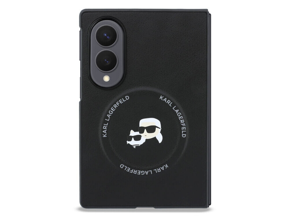 Czarne etui z okrągłym logo przedstawiającym dwie postacie w okularach przeciwsłonecznych oraz napisem \'KARL LAGERFELD\' wokół. Widoczne są dwa otwory na obiektywy aparatu.