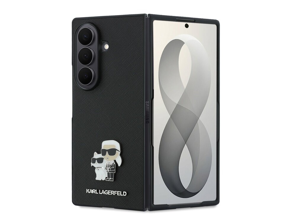 Czarne etui na telefon z trzema obiektywami aparatu i grafiką przedstawiającą postać w okularach przeciwsłonecznych oraz kota. Na etui widoczny jest napis \'KARL LAGERFELD\'.