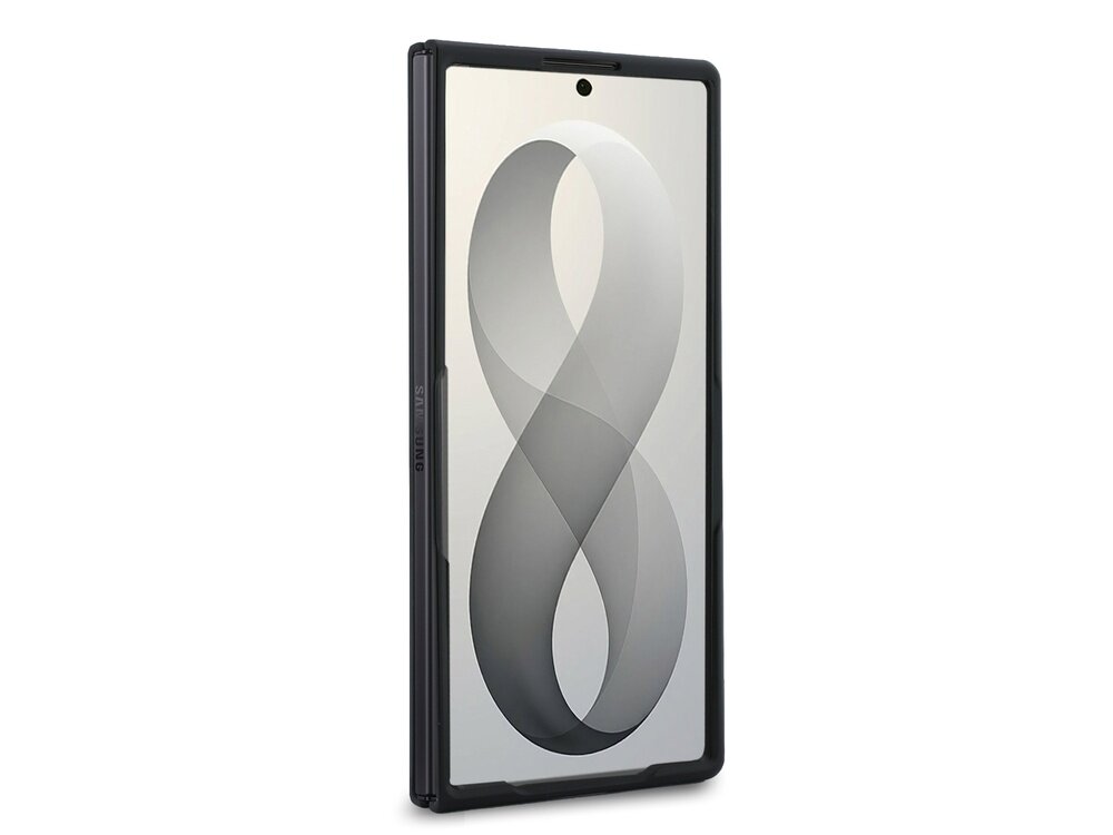 Obraz przedstawia smartfon w czarnym etui z wyświetlaczem pokazującym dużą cyfrę osiem na jasnym tle. Na boku etui widoczny jest napis \'KARL LAGERFELD\'.