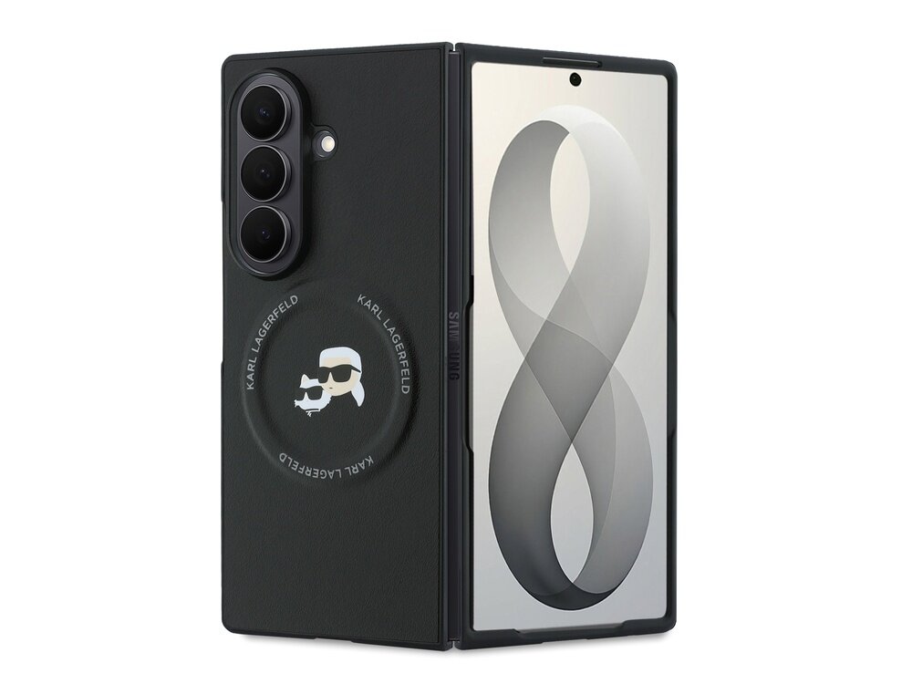 Czarne etui na telefon z trzema aparatami fotograficznymi i okrągłym logo \'KARL LAGERFELD\' z grafiką. Obok widoczny jest ekran telefonu z abstrakcyjnym wzorem w kształcie cyfry osiem.