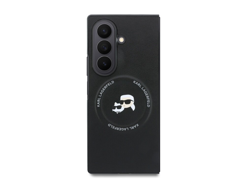 Czarne etui na telefon z trzema aparatami i napisem \'KARL LAGERFELD\' wokół białej grafiki przedstawiającej postać w okularach i kota.